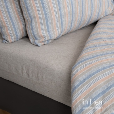 HAWAI lin-bomull sengesett blå-brun stripete og beige laken / stretchlaken VINGO