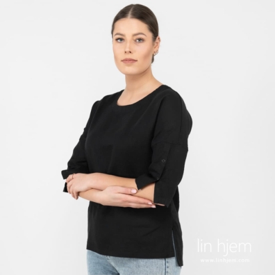 DAPHNE svart linbluse med slisser nederst