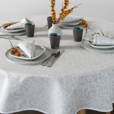 ATLANTA rund (oval) lys grå lin-bomull duk med sølvglans, jacquard