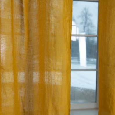 Sennepsfarget lin gardin, ensfarget vev, gjennomsiktig, løstvevd, lett stoff
