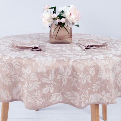Halvlin brun rund (oval) duk blomstrete jacquard