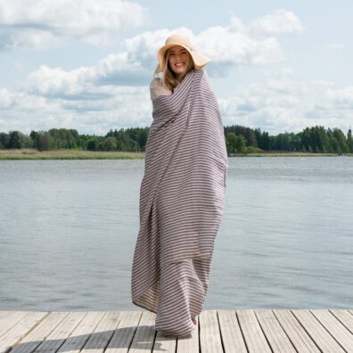 CUBA lin strandhåndkle lilla-mørkeblå-beige stripete, vevd i twill mønster