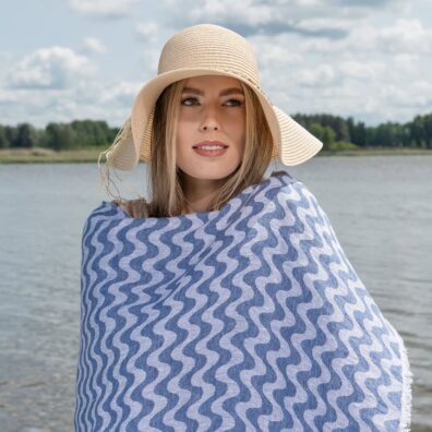 CROATIA lin strandhåndkle blå i bølger mønster, jacquard