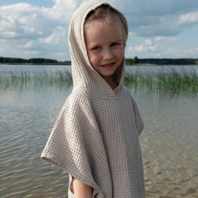 BINGO halvlin poncho beige for barn, med hette